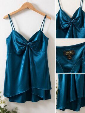 Shine New York Teal Silk Babydoll Camisole Y2K Bow Top Size M